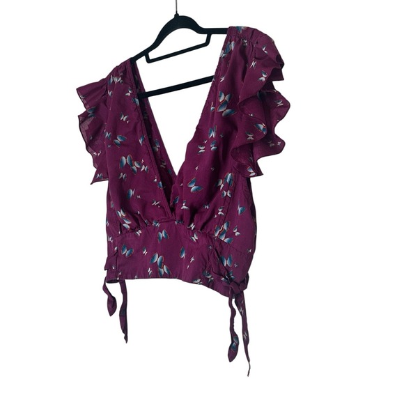 Free People Top Women's XL Berry Short Sleeve Cropped Butterfly Elastic Waist‎ - Picture 8 of 8